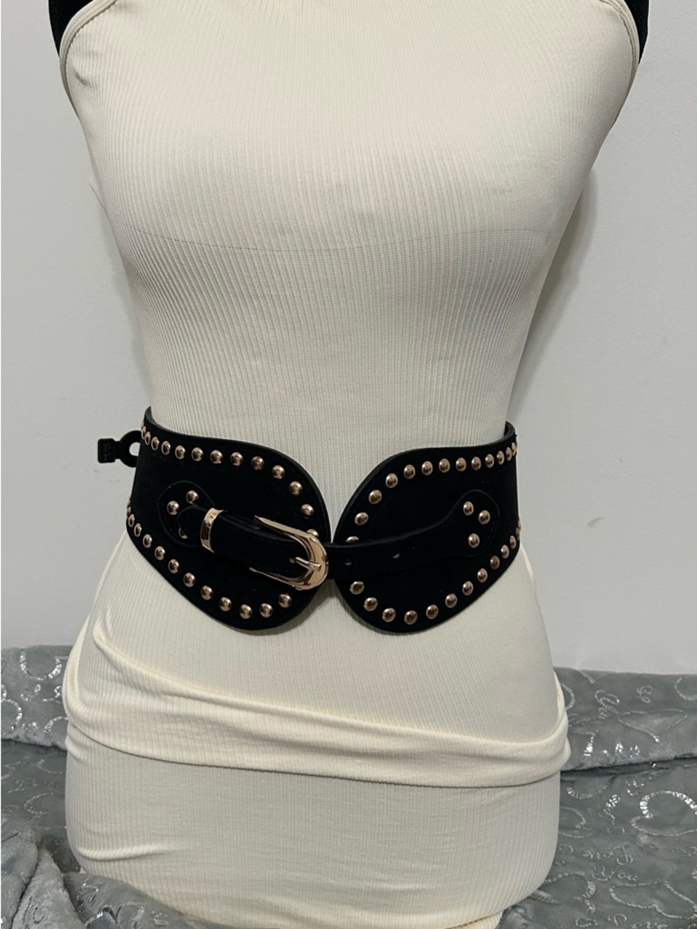 NWT Cato Black Elastic Studded Waist Belt with Gold Buckle 1X/2X